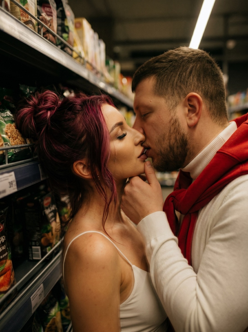 Поцелуй пары в тёмном продуктовом магазине