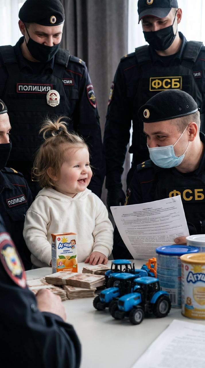 Девочка за столом с деньгами и полицией