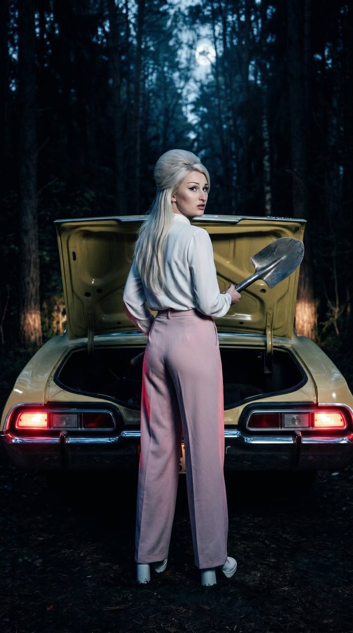 Женщина у жёлтого Chevrolet Impala в ночном лесу