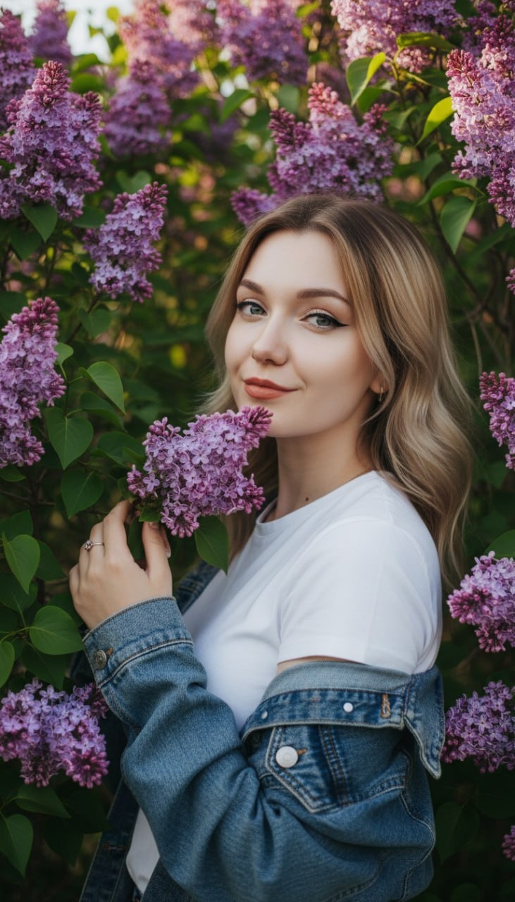 Девушка среди цветущей сирени весной