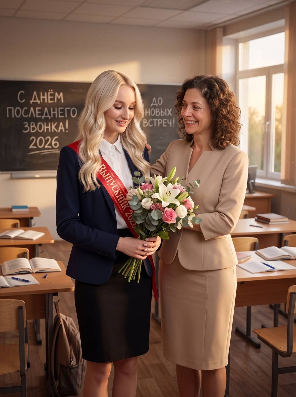 Выпускной портрет ученицы с учителем в классе
