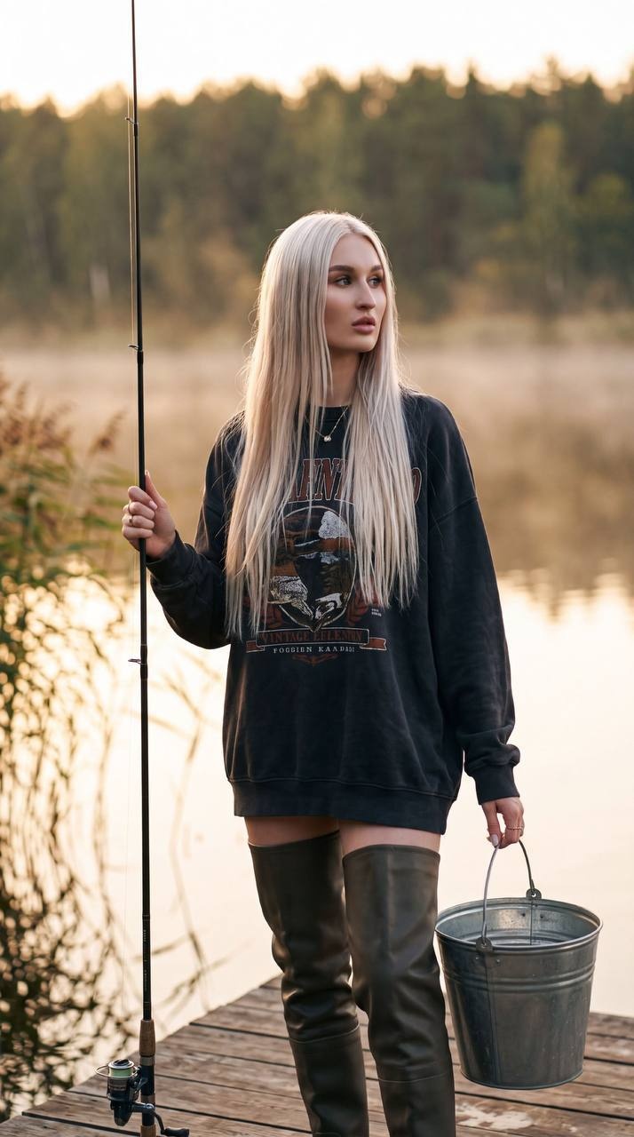 Fashion-портрет женщины на деревянном пирсе у озера