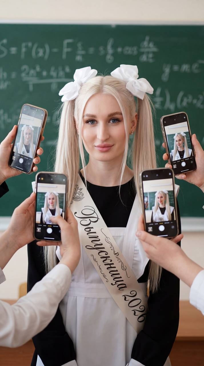 Школьница в классе среди телефонов и доски с формулами