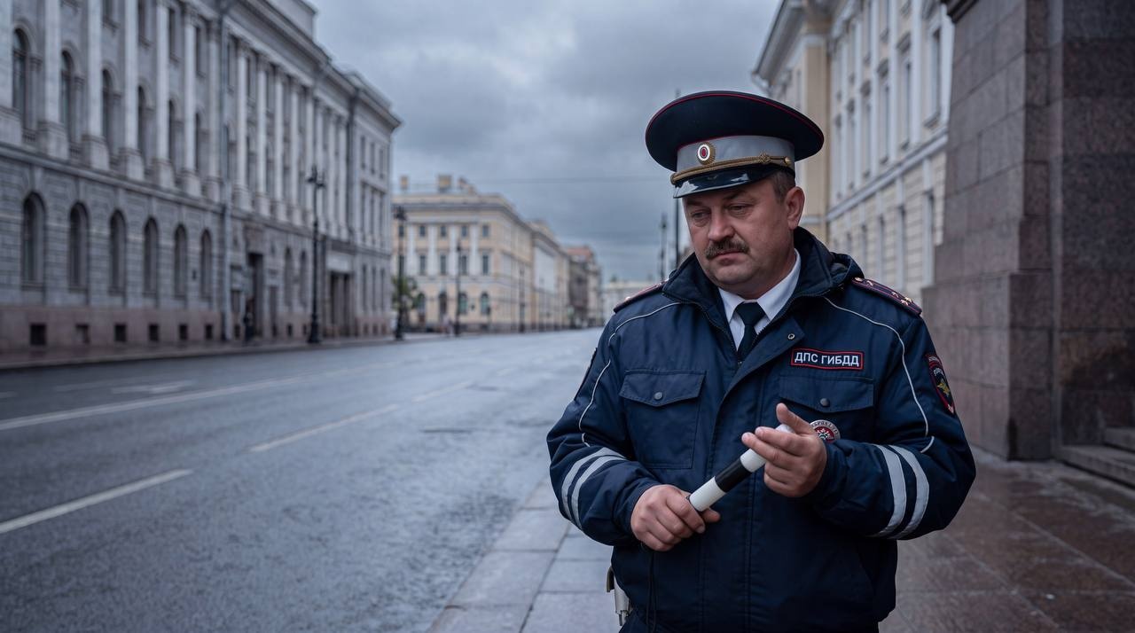 Уставший инспектор ГИБДД на мокрой улице Петербурга
