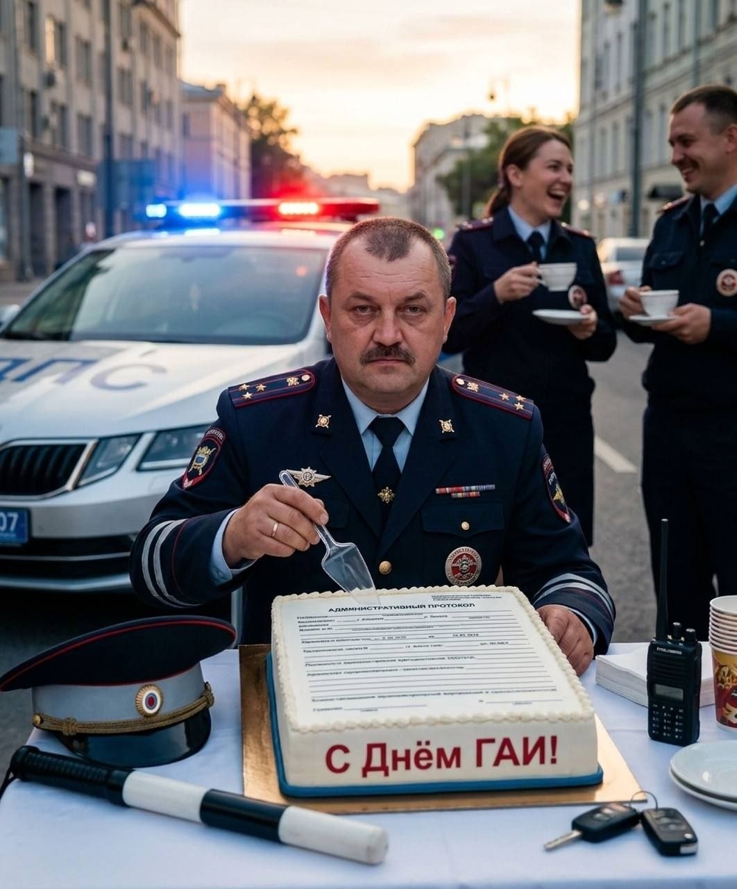 Инспектор ДПС за праздничным столом у патрульной машины