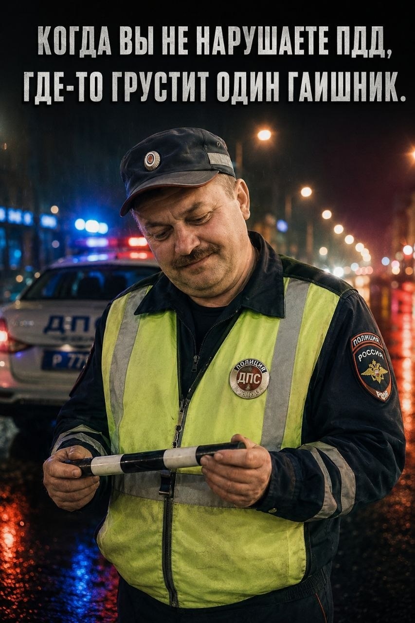 Инспектор ДПС у патрульной машины ночью под дождём