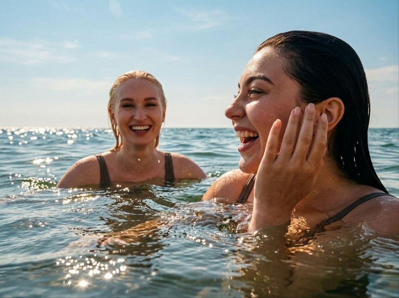 Двое смеются в море в тёплый летний день