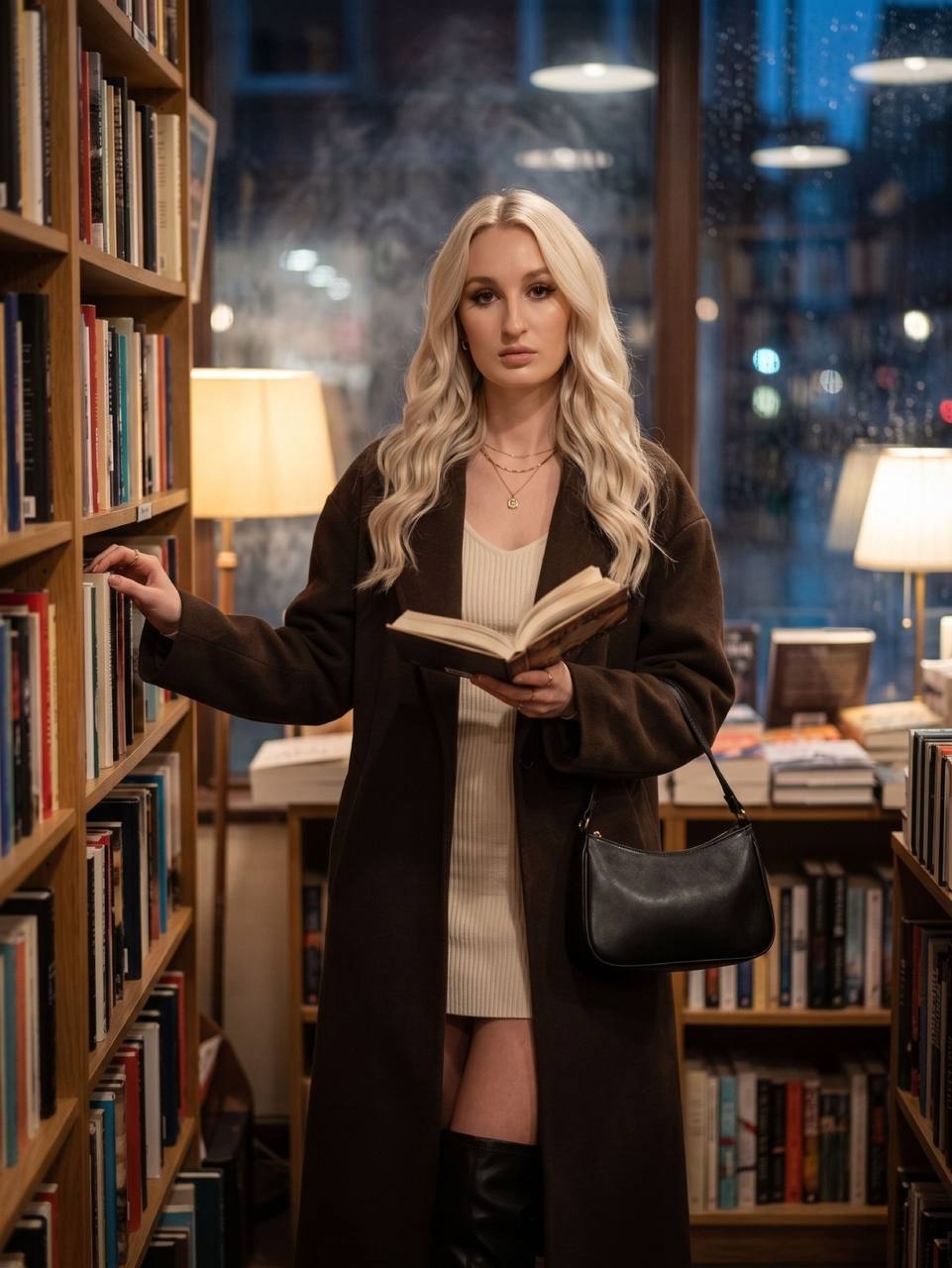 Девушка в ночном книжном магазине с книгой