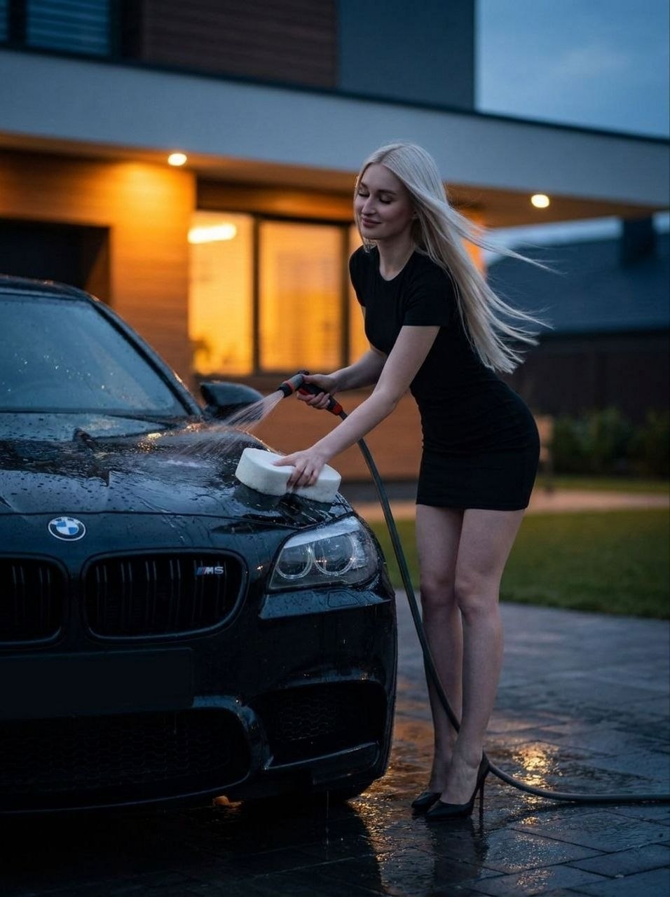 Элегантная женщина моет чёрный BMW M5 во дворе