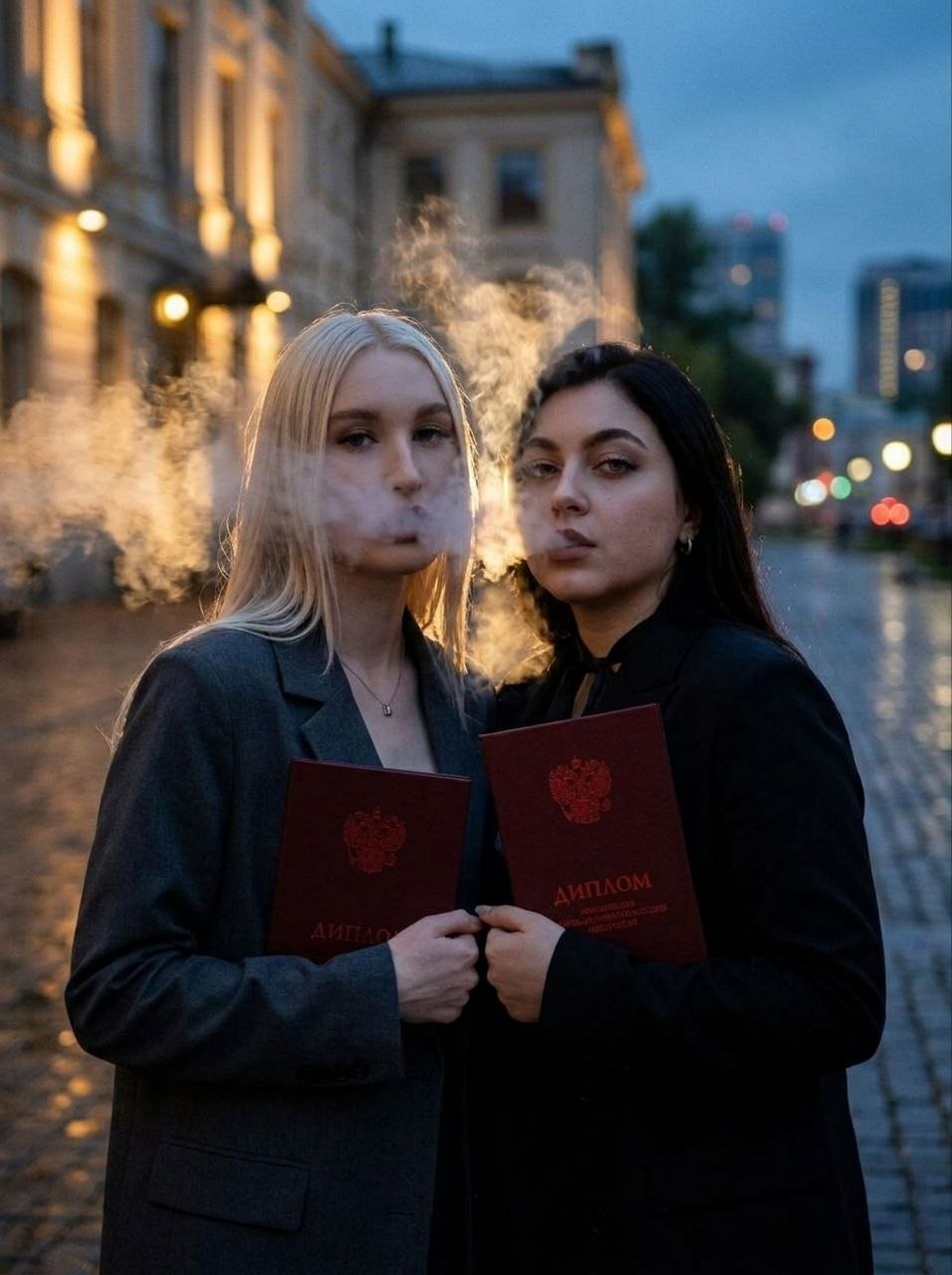 Две выпускницы с дипломами во дворе университета