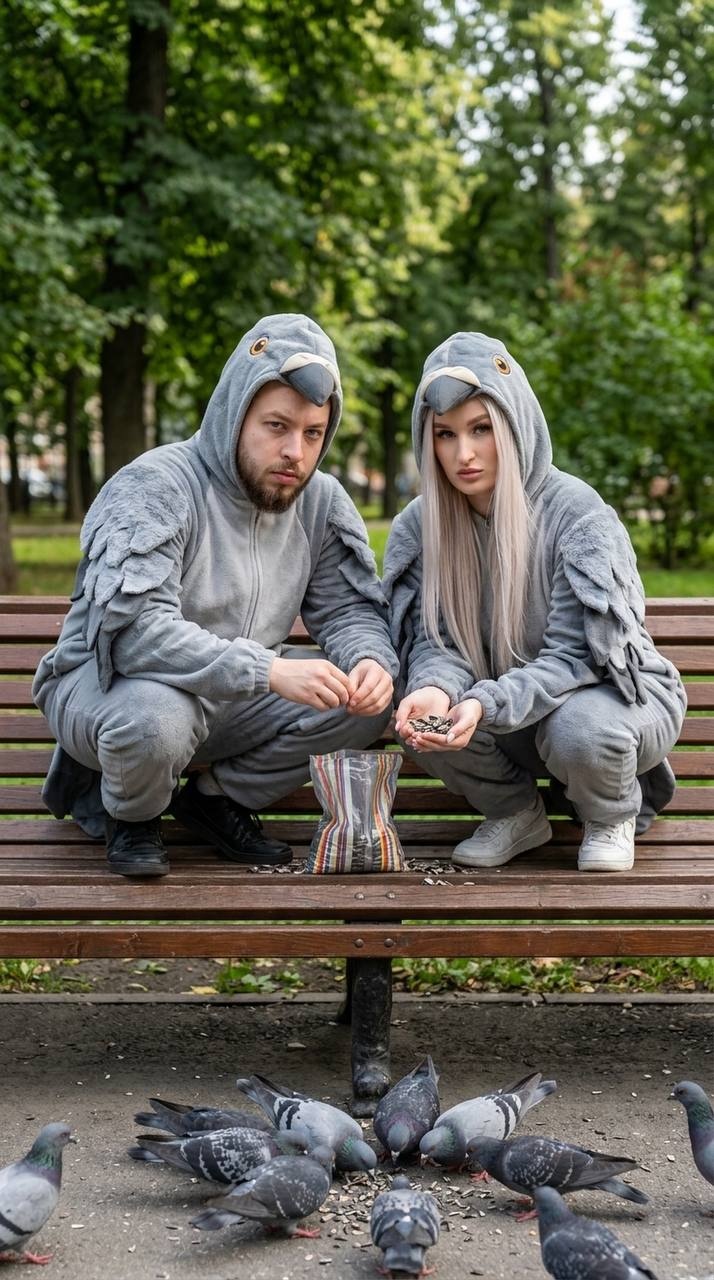 Мужчина и женщина в костюмах голубей на скамейке
