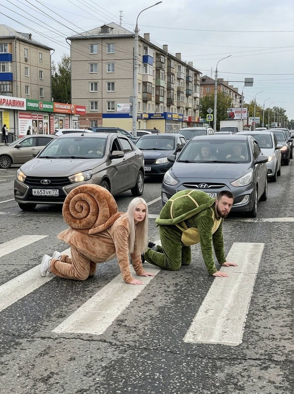 Пара в костюмах улитки и черепахи на переходе