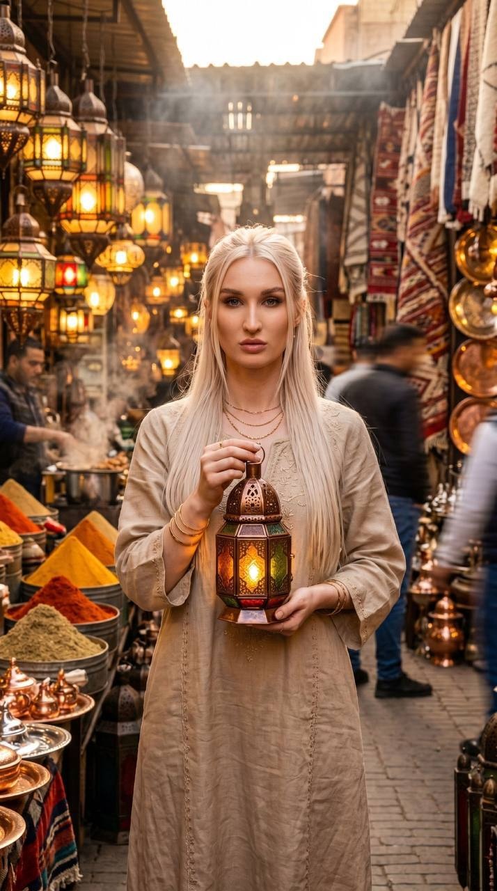Женщина с фонарём на рынке Марракеша на закате