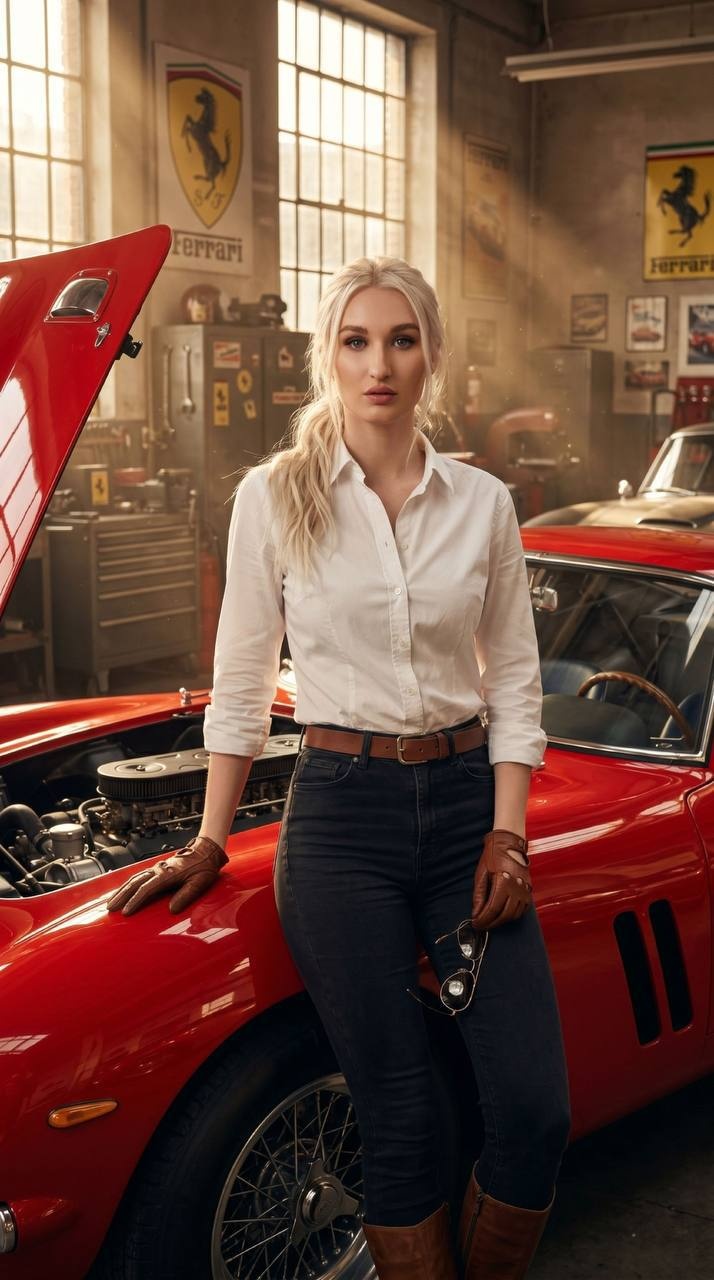 Женщина у Ferrari 250 GTO в винтажном гараже