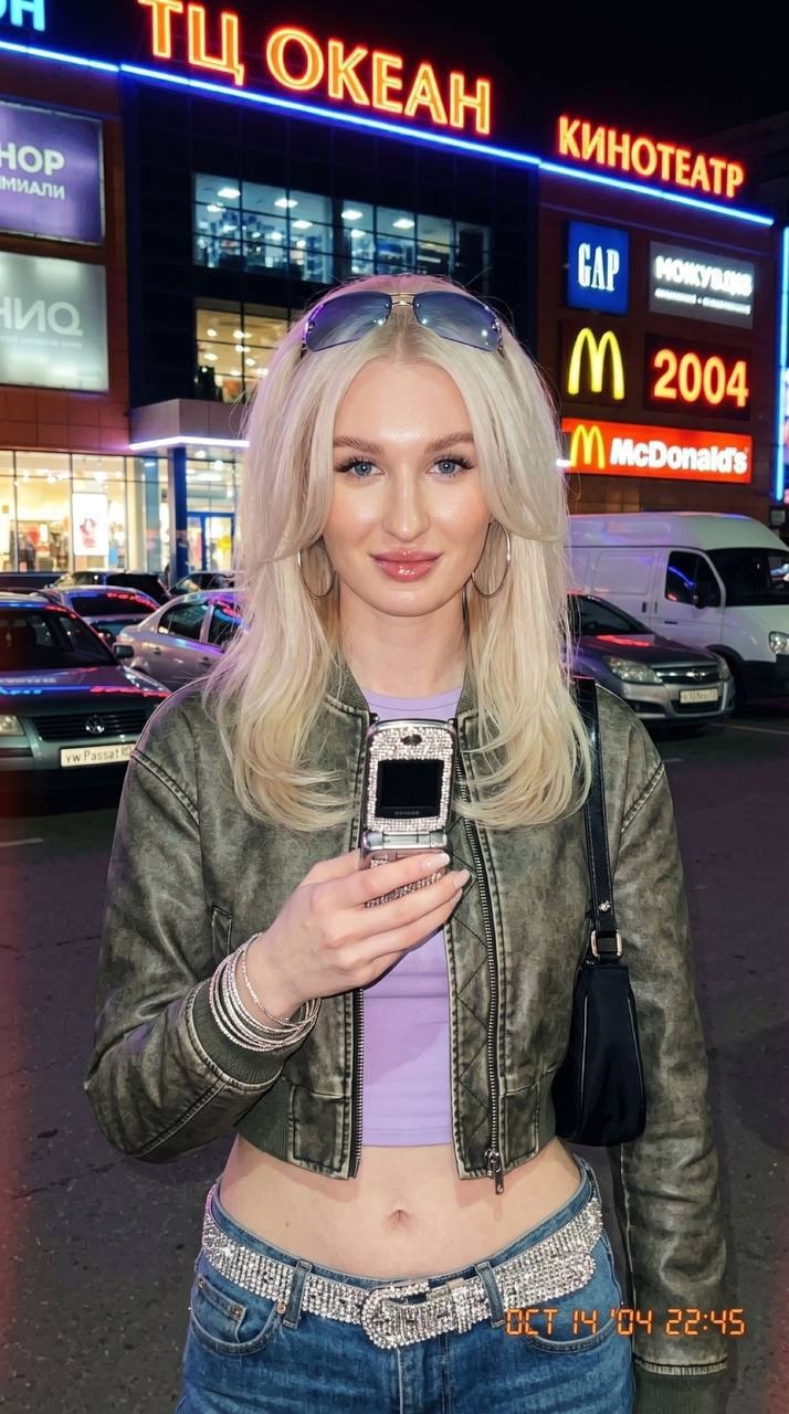 Девушка в стиле Y2K у ночного торгового центра