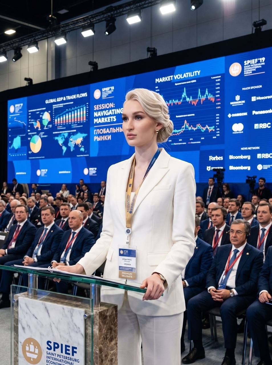Женщина выступает на международном экономическом форуме