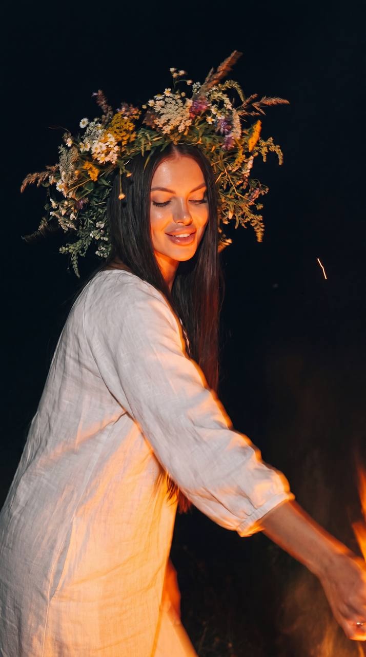Девушка на Купальской ночи у костра