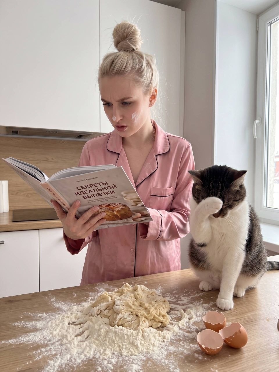 Женщина на кухне изучает неудачное тесто