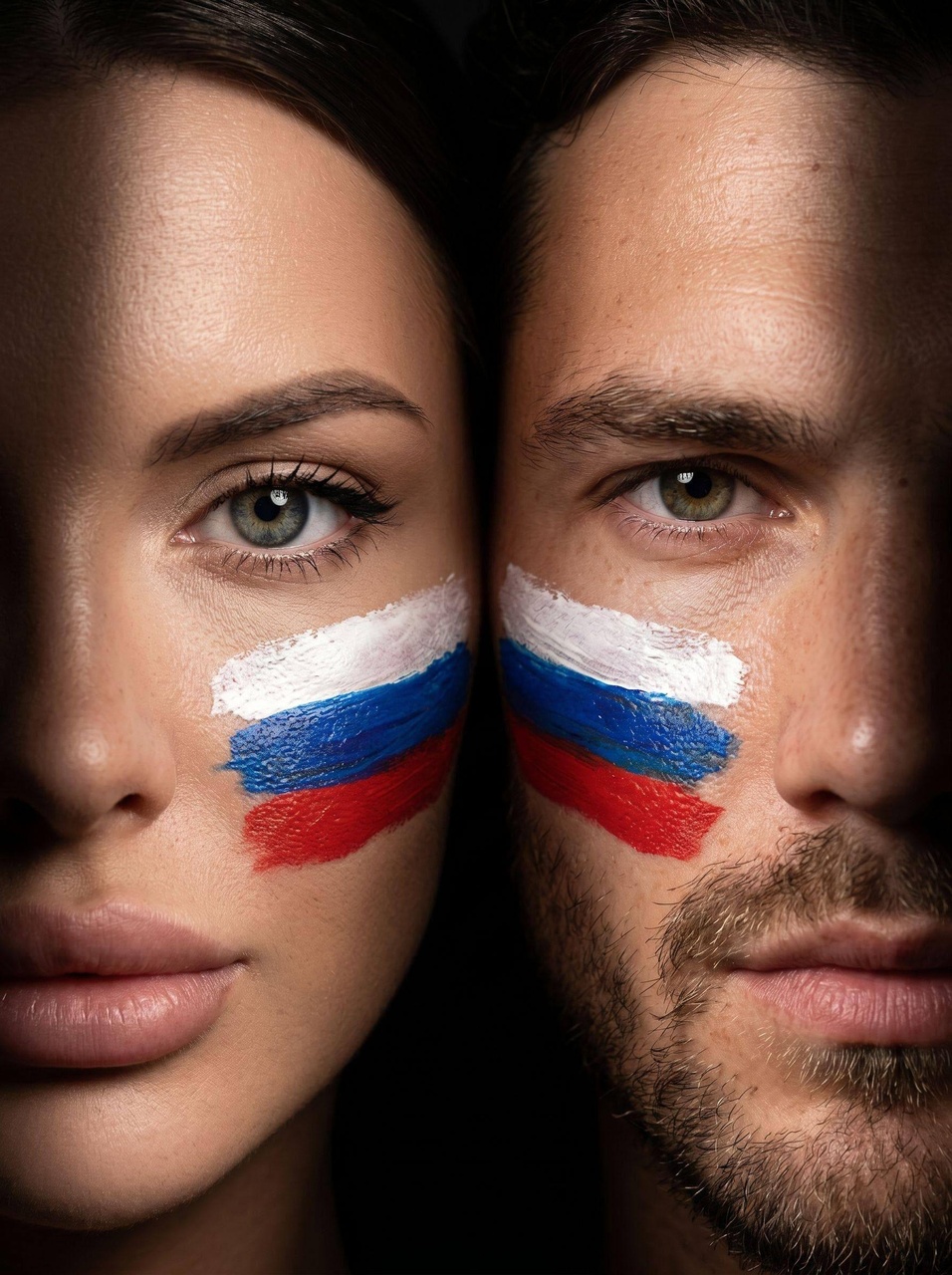 Портрет мужчины и женщины с флагом России на лице