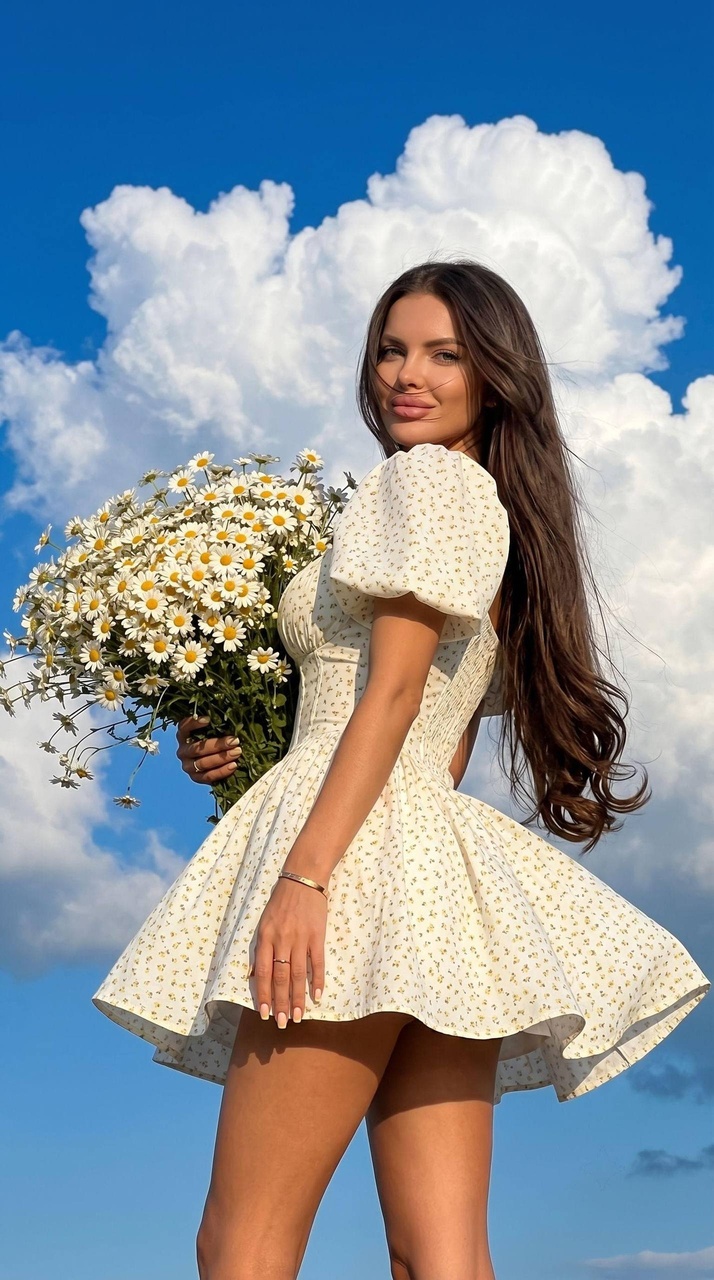 Женский fashion-портрет в сельской местности с ромашками