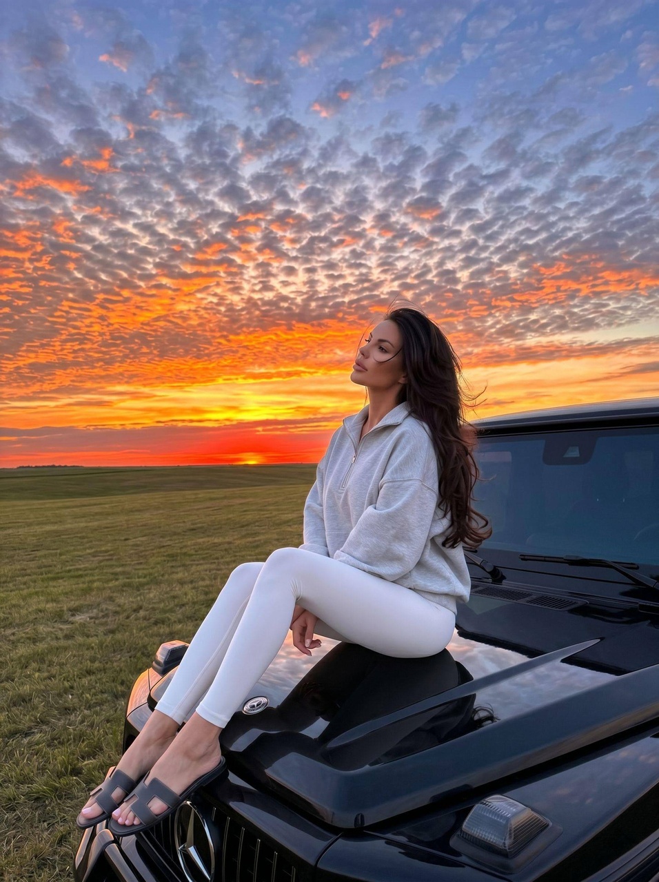 Девушка на капоте чёрного G-Wagon на закате